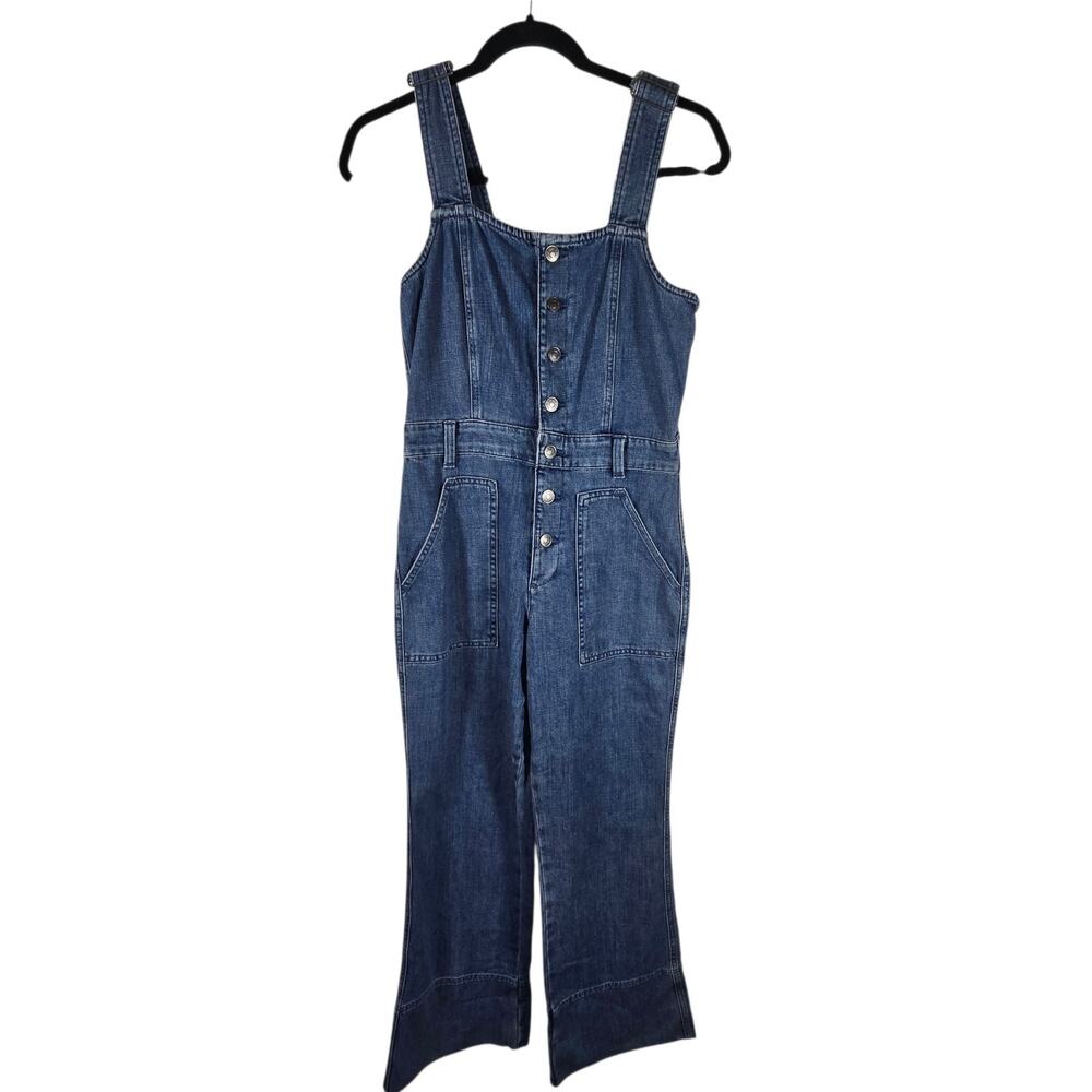 Aerie Denim Kick Flare Overalls Jumpsuit S Blue Wide Leg Adjustable Straps - Picture 2 of 16